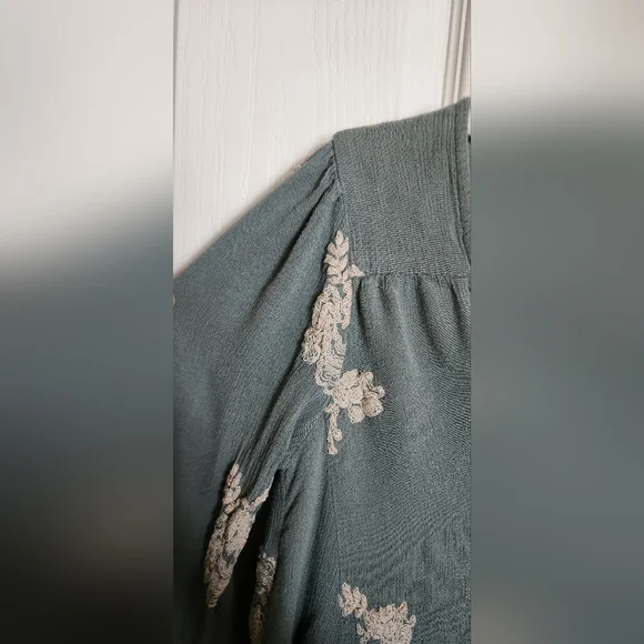 Free People Small Emmas Embroidery Sage Green Cocktail Dress Mini Long Sleeve - Picture 7 of 12